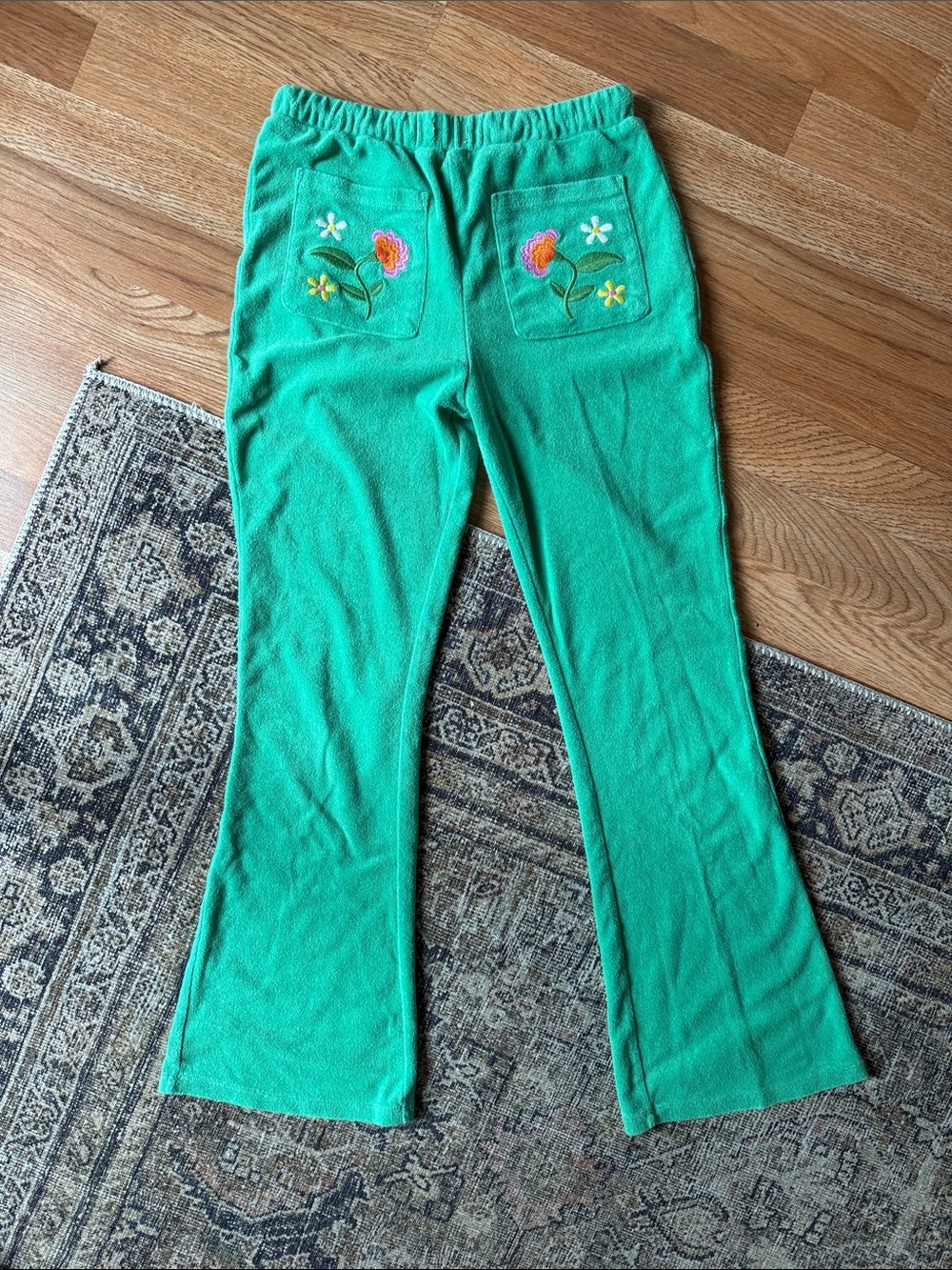 Girls Green Embroidered Pocket Teri cloth   Pants